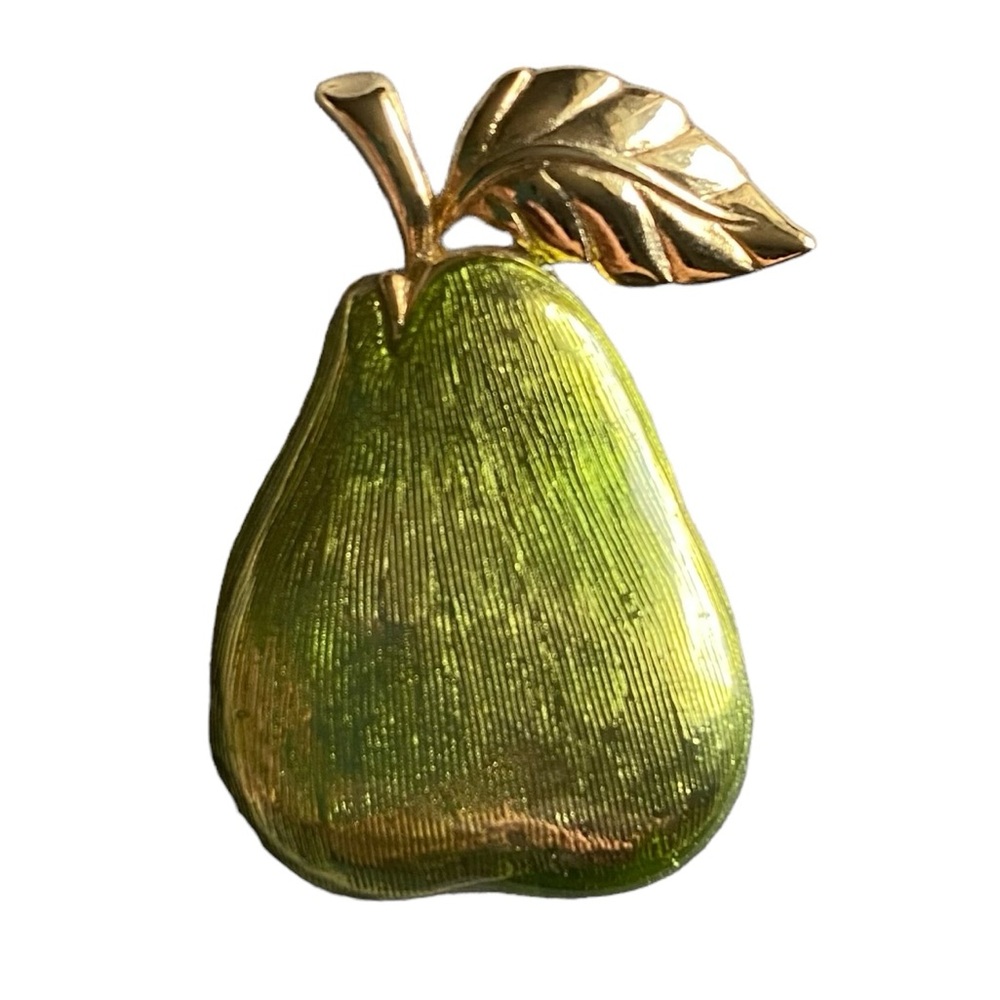 VINTAGE Green Brushed Metallic Gold-Tone Delicate Pear Pin Brooch
